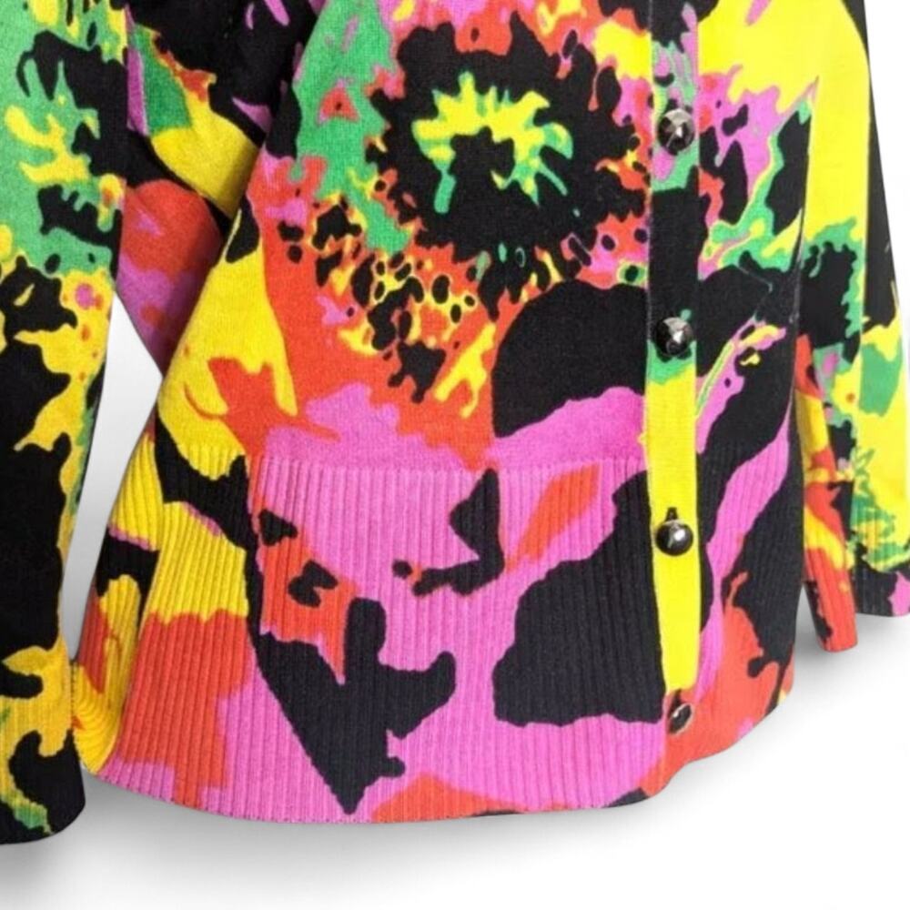 St John SoCa Abstract Floral Wool Silk Cashmere Cardigan Black Pink Yellow sz S - Picture 4 of 6